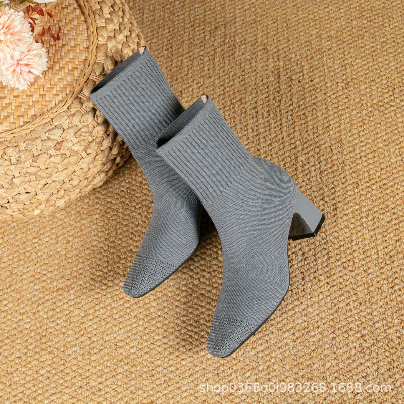 Black Square Toe Knit Sock Boots Elastic Slim Thick Block Heel High Heels Short Boots Fashion Autumn Casual Skinny Ankle Boots 27 Sdcd00090d3894bb0855015294ec1908b0