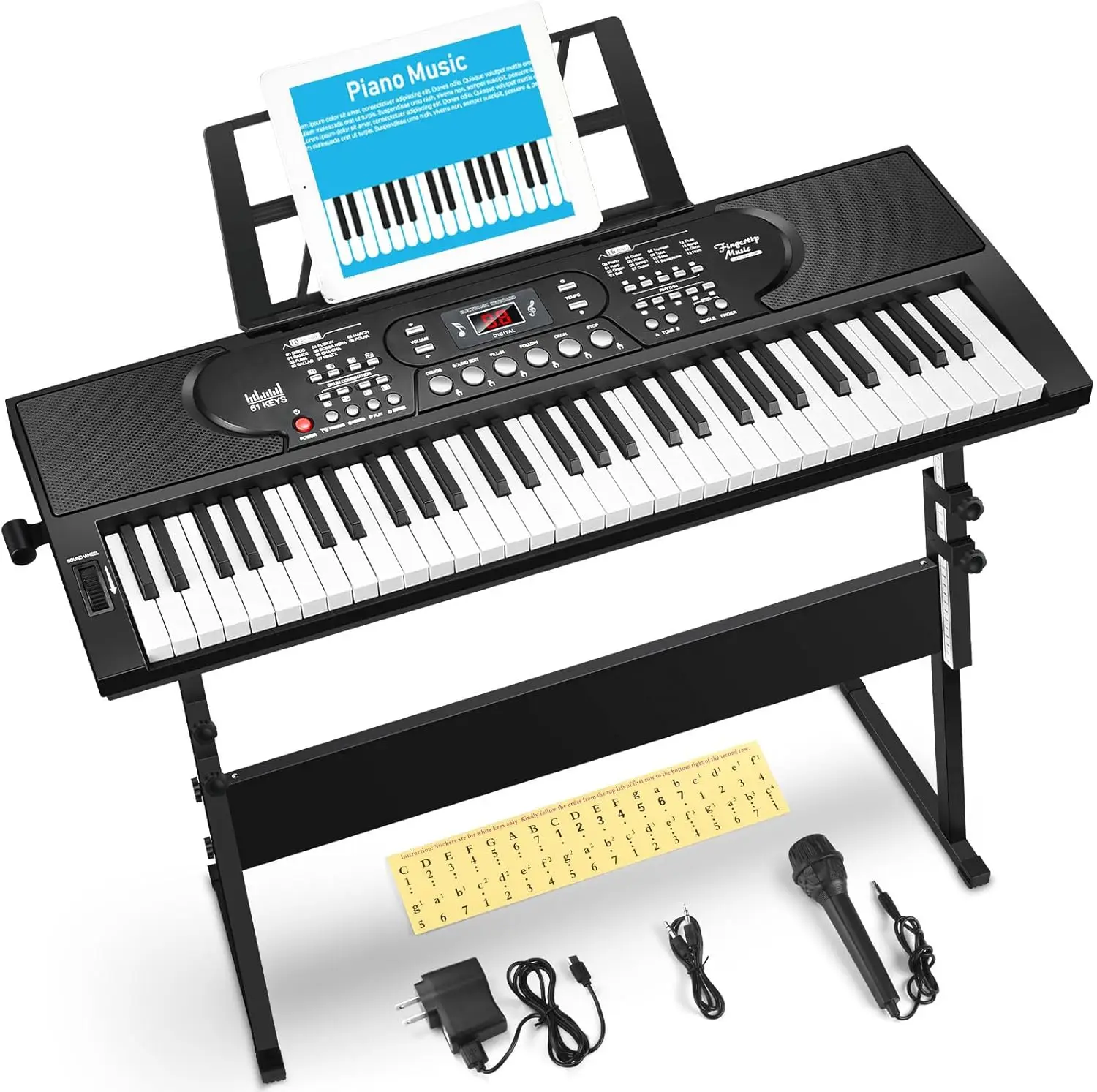 61 Key Keyboard Piano Kit with Stand, Microphone, Music Rest, Note Stickers, Built-In Speakers
61 Key Keyboard Piano Kit with Stand, Microphone, Music Rest, Note Stickers, Built-In Speakers
