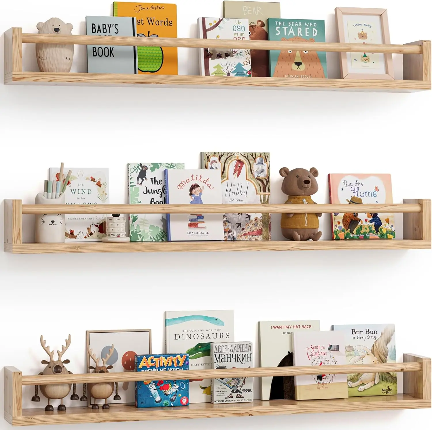 Set of 3 Floating Wall Bookshelves for Kids Room, Nursery Decor, 36 Inches, Wood
Set of 3 Floating Wall Bookshelves for Kids Room, Nursery Decor, 36 Inches, Wood