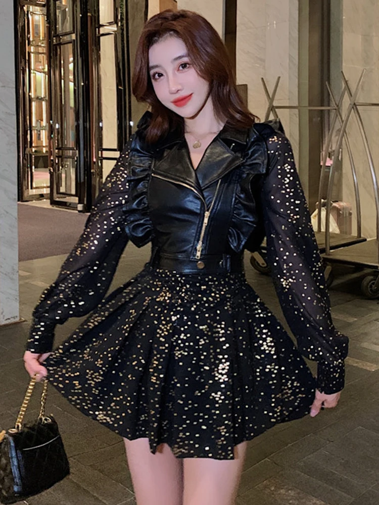 Fashion 2 Piece Outfit Women Y2K Chic Casual Sexy Leather Vest Tank Coat Sparkly Gold Print Mini Dress Party Club Street Sets
Fashion 2 Piece Outfit Women Y2K Chic Casual Sexy Leather Vest Tank Coat Sparkly Gold Print Mini Dress Party Club Street Sets