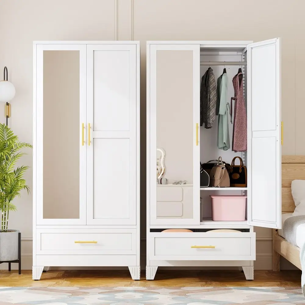 71 High Metal Wardrobe with Mirror, Adjustable Shelves, and Clothes Storage for Bedroom (White)
71 High Metal Wardrobe with Mirror, Adjustable Shelves, and Clothes Storage for Bedroom (White)