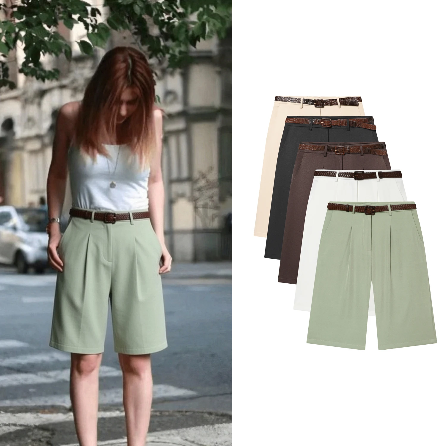Women's High Waist Bermuda Shorts Summer Casual Wide Leg Knee-Length Pants with Belt Elegant Female Short Bottom
Women's High Waist Bermuda Shorts Summer Casual Wide Leg Knee-Length Pants with Belt Elegant Female Short Bottom