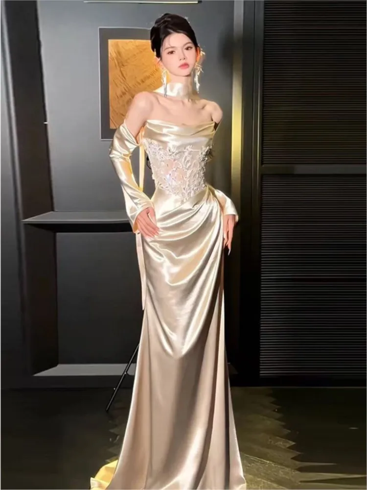 New strapless banquet fishtail host toast dress
New strapless banquet fishtail host toast dress