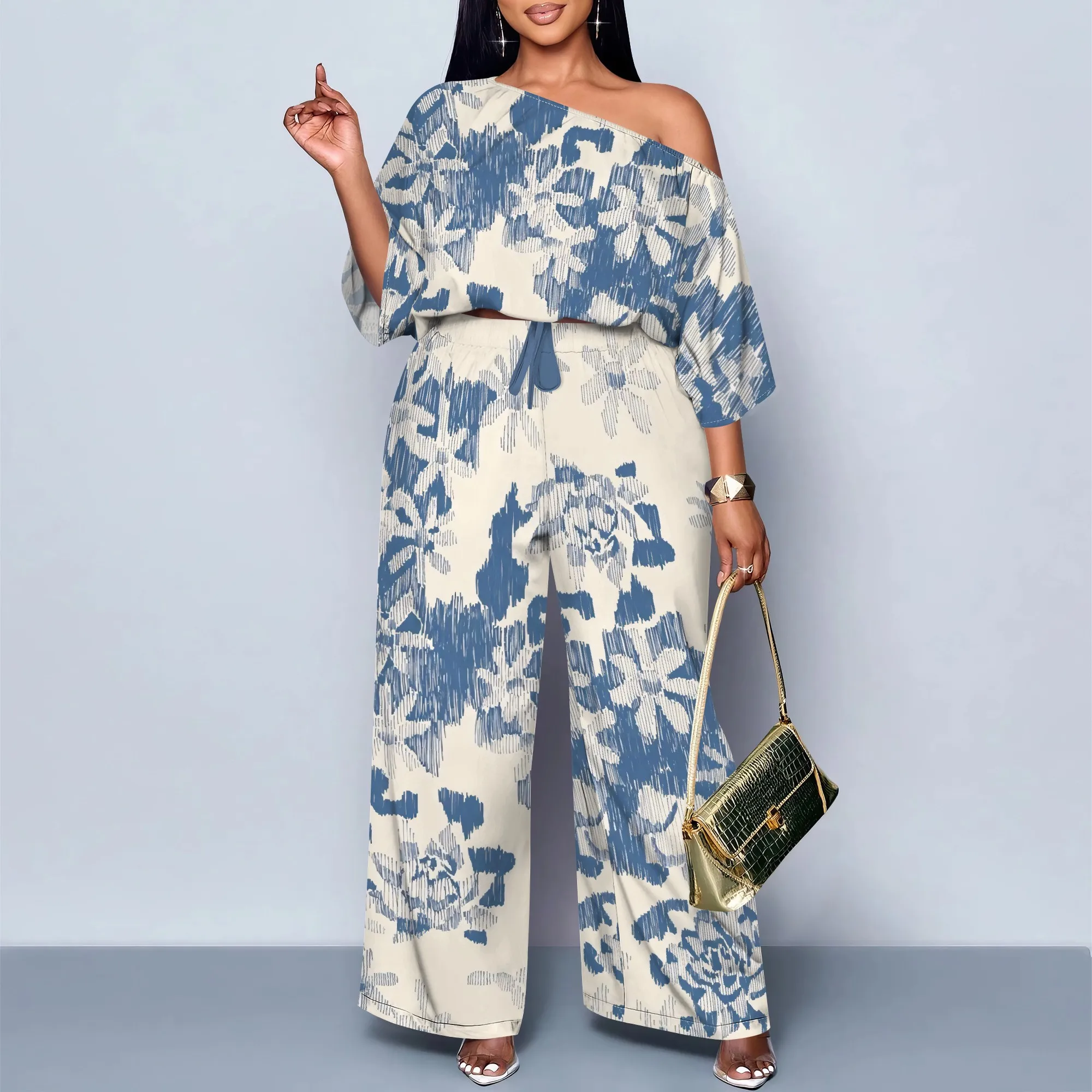 Women’s Bohemian Off Shoulder Jumpsuit Blue White Printed Wide Leg Casual Summer Outfit
Women’s Bohemian Off Shoulder Jumpsuit Blue White Printed Wide Leg Casual Summer Outfit