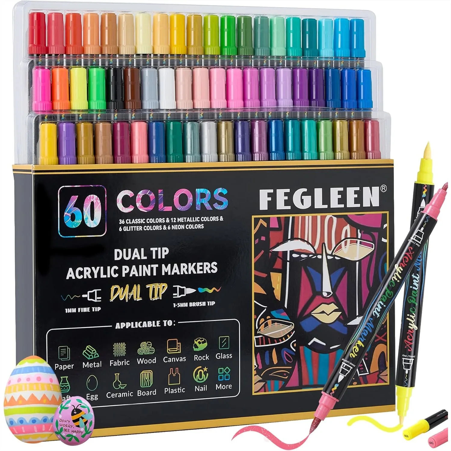 60 Colors Acrylic Paint Markers, Dual Tip Pens with 12 Metallic, 6 Glitter & 6 Neon for Rock, Wood, Canvas, Ceramic Art Supplies
60 Colors Acrylic Paint Markers, Dual Tip Pens with 12 Metallic, 6 Glitter & 6 Neon for Rock, Wood, Canvas, Ceramic Art Supplies
