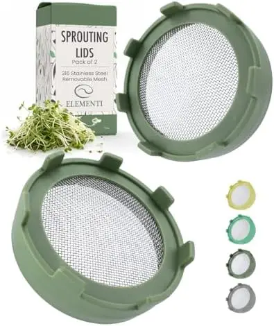 Elementi Sprouts Growing Kit – 2 Sage Green Lids for Mason Jars, 316 Stainless Steel, Alfalfa & Mung Bean Sprouting
Elementi Sprouts Growing Kit – 2 Sage Green Lids for Mason Jars, 316 Stainless Steel, Alfalfa & Mung Bean Sprouting
