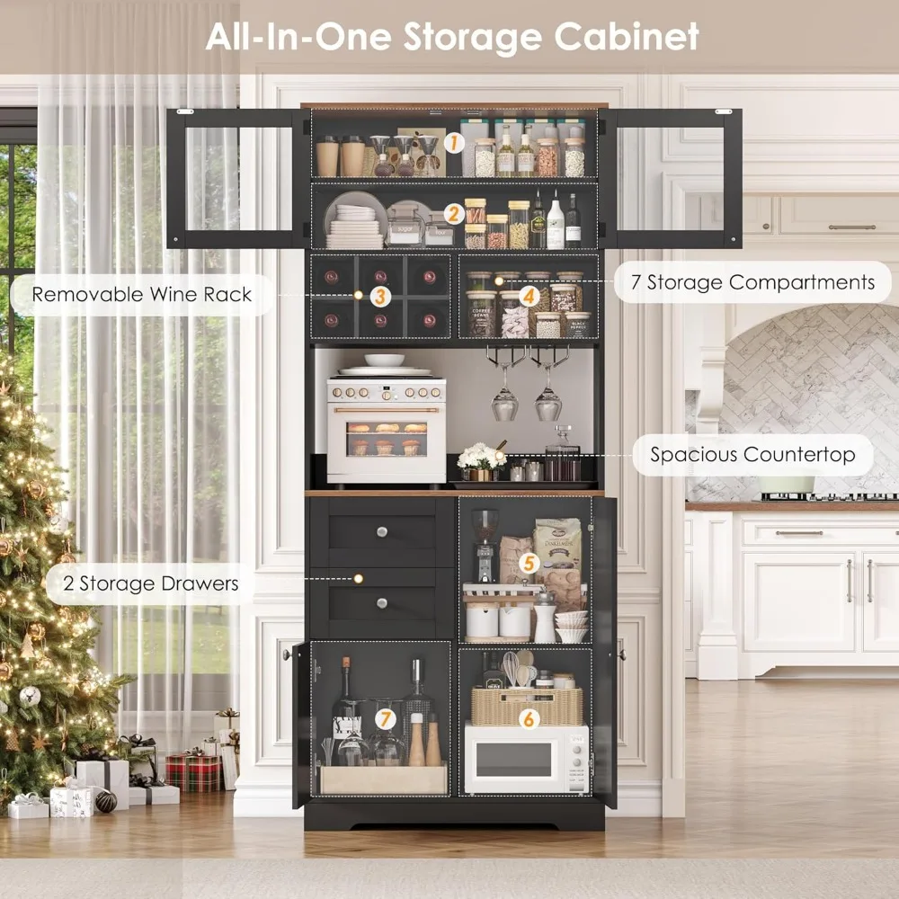 75" Coffee Bar Cabinet w/ Hutch - Pantry Storage w/ Barn Door, Wine Rack & Shelves"
75" Coffee Bar Cabinet w/ Hutch - Pantry Storage w/ Barn Door, Wine Rack & Shelves"