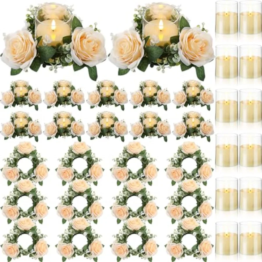 12 Pcs Rose Candle Rings with Flameless Candles Sets, Artificial Flower Eucalyptus Wedding Centerpiece 3 Inch Pillar Candlehold
12 Pcs Rose Candle Rings with Flameless Candles Sets, Artificial Flower Eucalyptus Wedding Centerpiece 3 Inch Pillar Candlehold