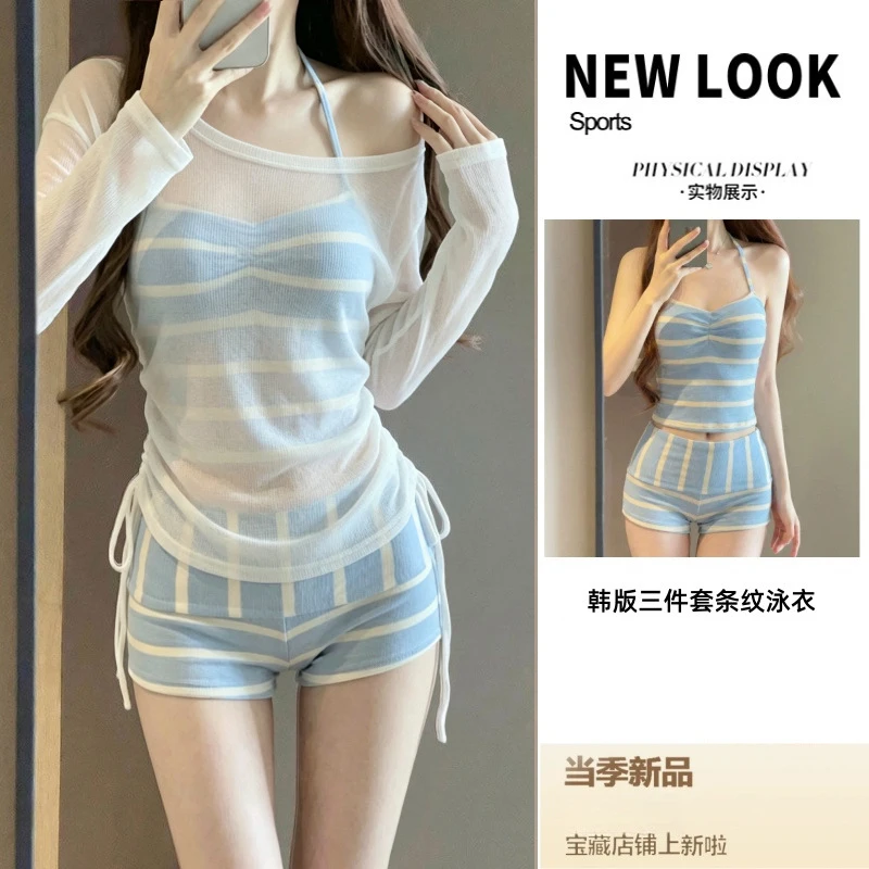 3 Piece Swimsuit Set Women Striped Bikini with Sheer Mesh Cover Up Long Sleeve High Waist Shorts Beach Wear
3 Piece Swimsuit Set Women Striped Bikini with Sheer Mesh Cover Up Long Sleeve High Waist Shorts Beach Wear