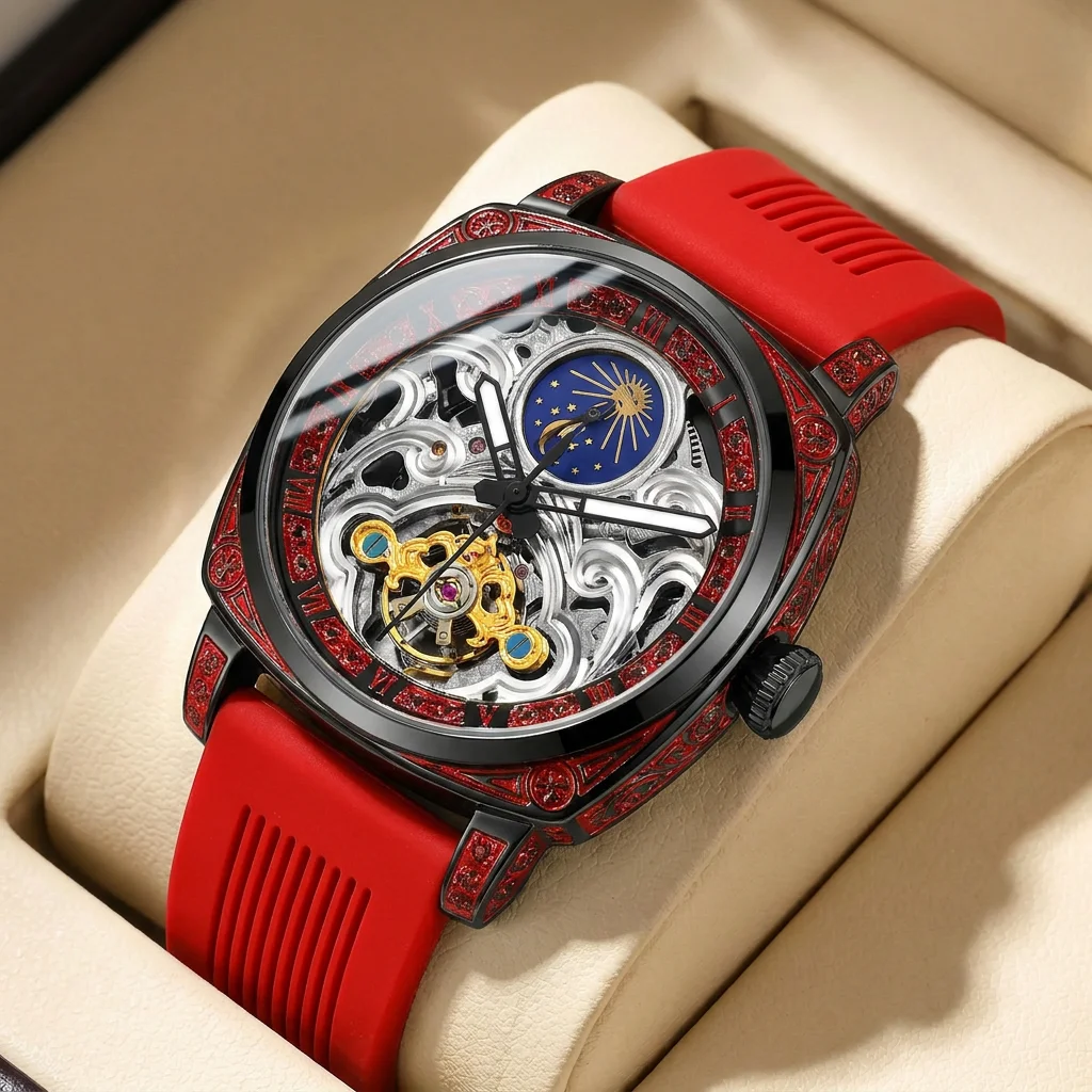 1pcs Men's red dial alloy strap vintage fashion skeleton gear luxury details Mechanical Watch for business party holiday
1pcs Men's red dial alloy strap vintage fashion skeleton gear luxury details Mechanical Watch for business party holiday