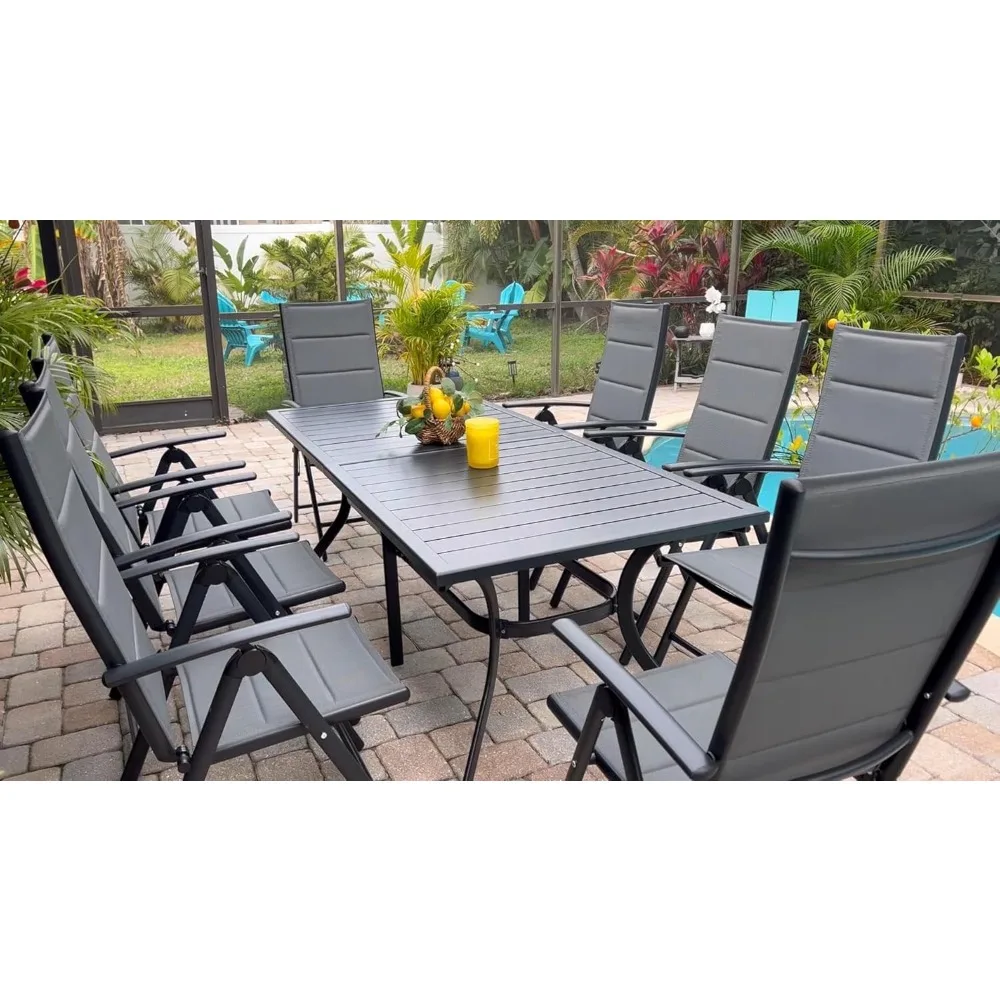 9 Pieces Outdoor Patio Dining Set with 8 Folding Chairs and Rectangle Aluminum Table, Adjustable High Back Reclining Chairs
9 Pieces Outdoor Patio Dining Set with 8 Folding Chairs and Rectangle Aluminum Table, Adjustable High Back Reclining Chairs