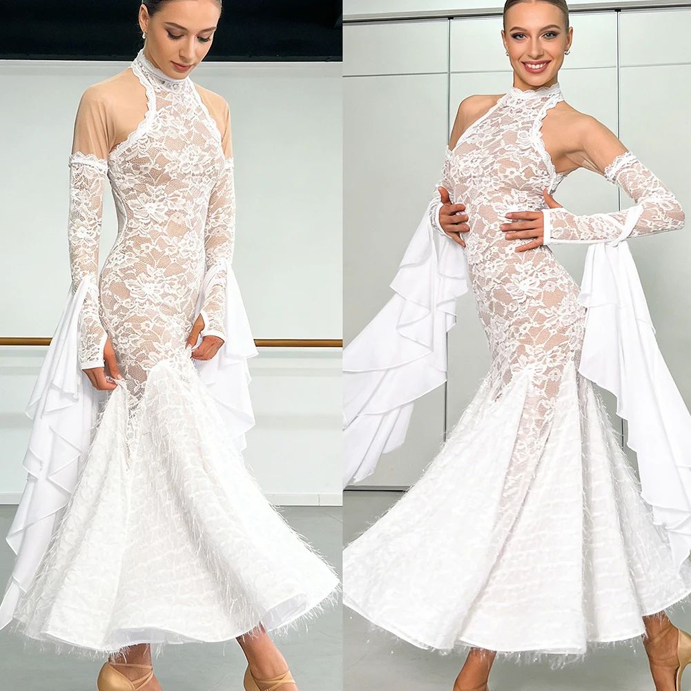 Lace Ballroom Standard Backless Black Feather Performance Dress Waltz Long Sleeve White Strap Modern Dance Dress
Lace Ballroom Standard Backless Black Feather Performance Dress Waltz Long Sleeve White Strap Modern Dance Dress