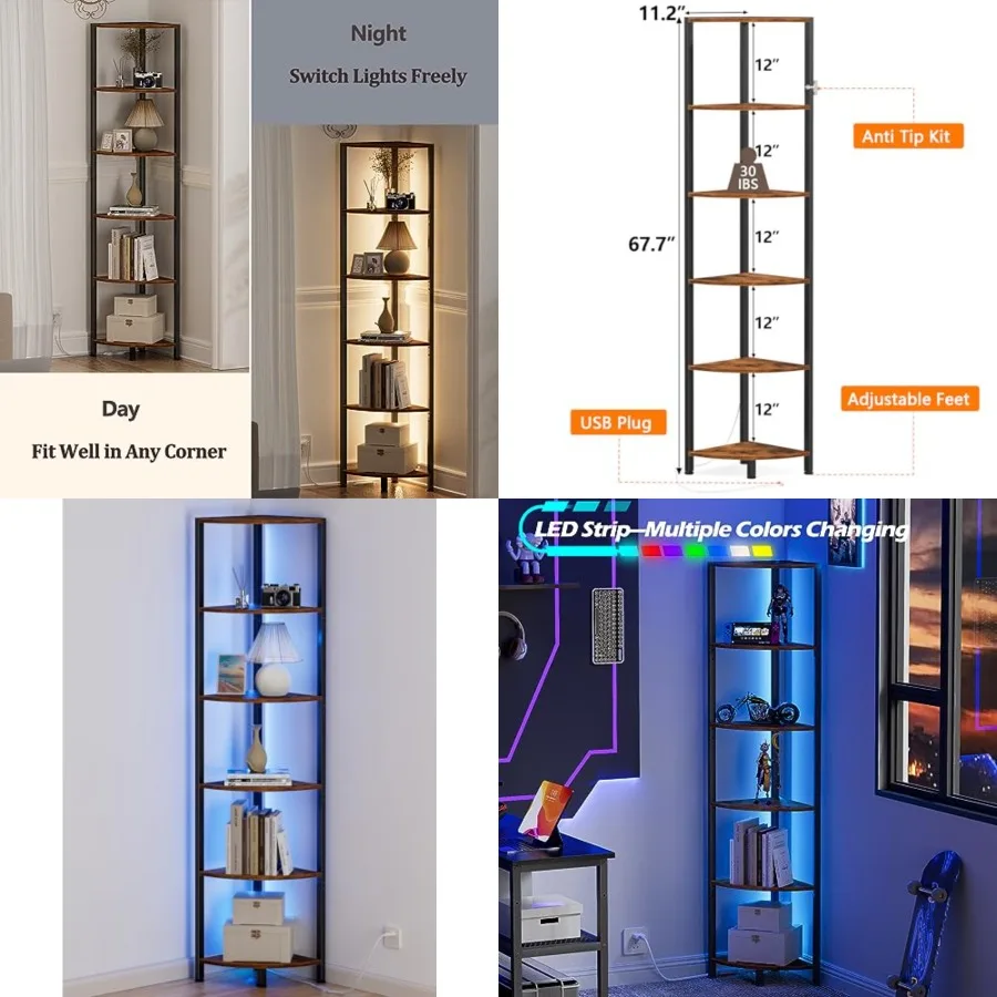 6 Tier Corner Shelf with LED Light, 67.5" Tall Standing Shelf Organizer, Narrow Bookshelf with Storage Rack for Wall Corner, Li
6 Tier Corner Shelf with LED Light, 67.5" Tall Standing Shelf Organizer, Narrow Bookshelf with Storage Rack for Wall Corner, Li