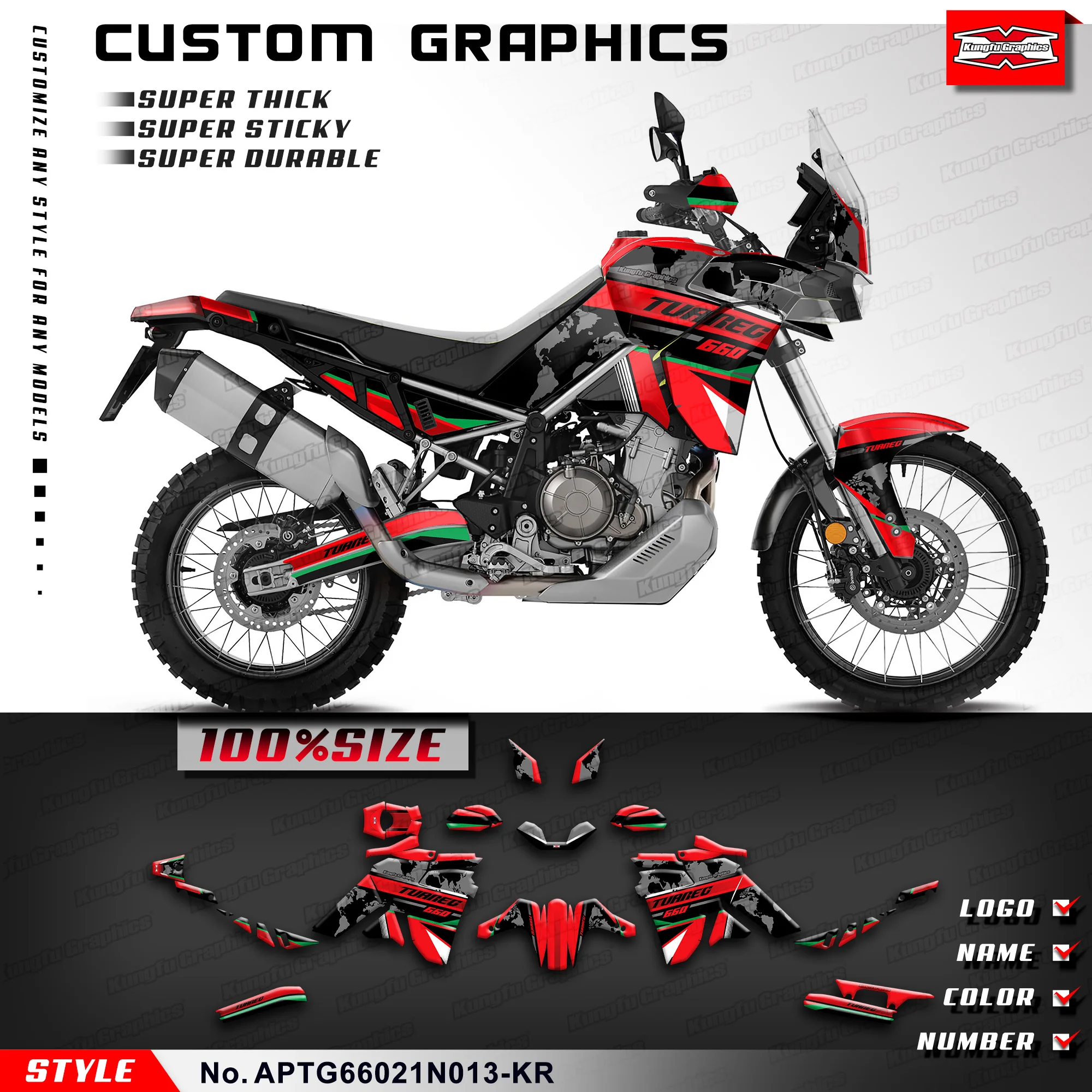 KUNGFU GRAPHICS Stickers Complete Adhesive Decals for Aprilia Tuareg 660 2021 2022 2023, Accessories, APTG66021N013-KR
KUNGFU GRAPHICS Stickers Complete Adhesive Decals for Aprilia Tuareg 660 2021 2022 2023, Accessories, APTG66021N013-KR