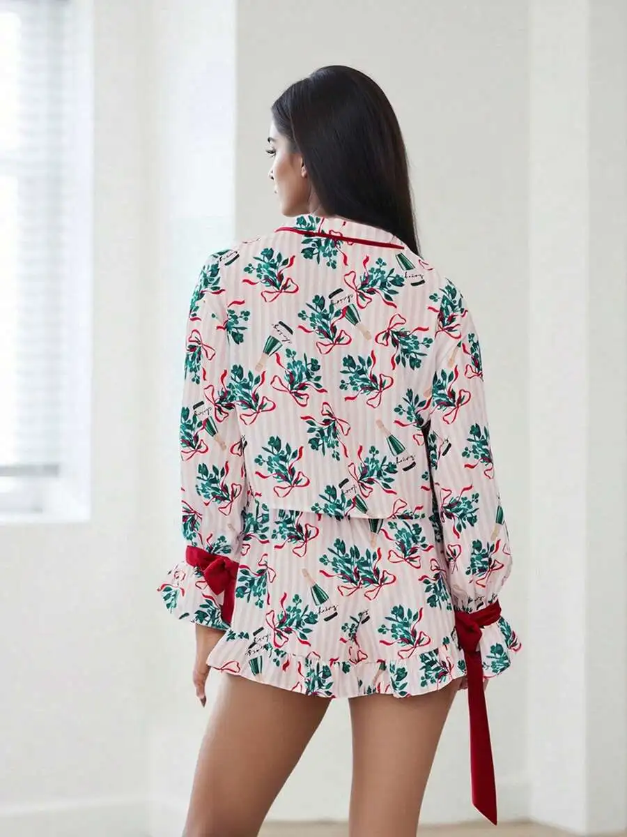 Womens 2 Piece Pajama Set Long Sleeve Striped Wine Print Shirt And Shorts Lounge Wear
Womens 2 Piece Pajama Set Long Sleeve Striped Wine Print Shirt And Shorts Lounge Wear