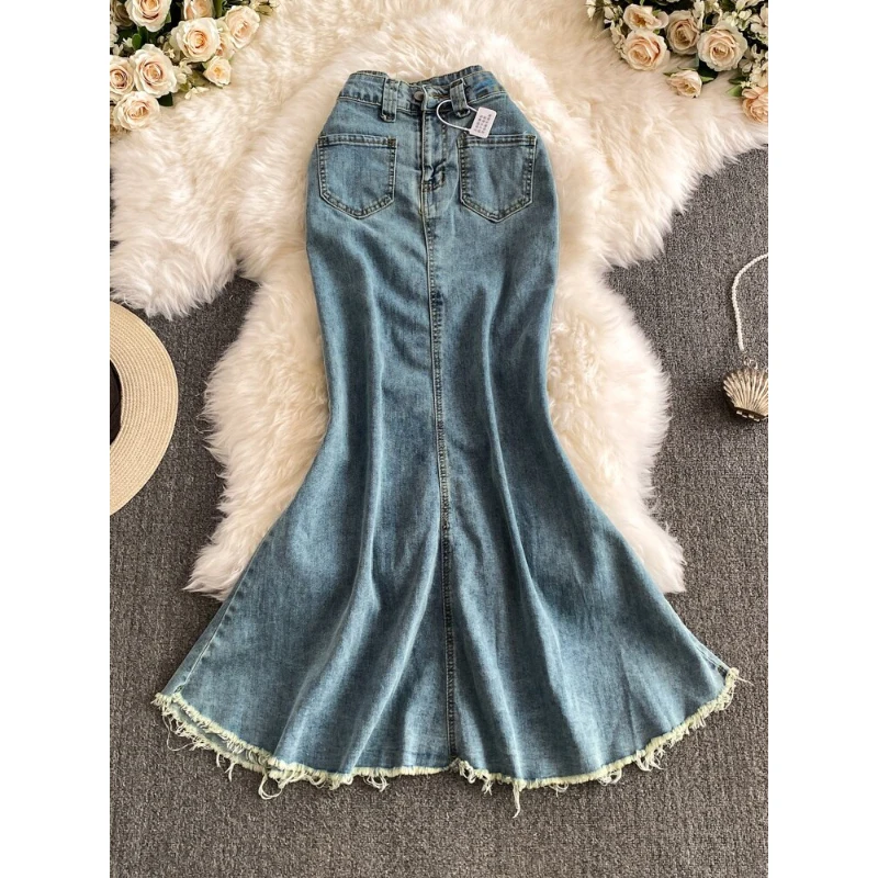 Women's Summer Denim Skirt Korean Style Vintage Solid Color High Waist Ankle-Length Frayed Mermaid Skirts Office Lady Wear
Women's Summer Denim Skirt Korean Style Vintage Solid Color High Waist Ankle-Length Frayed Mermaid Skirts Office Lady Wear