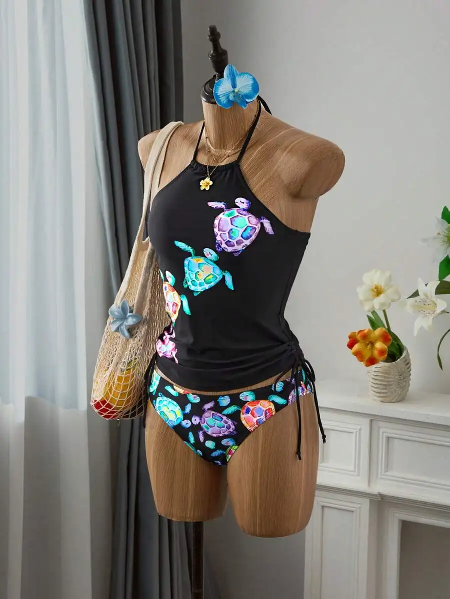 Women Cartoon Turtle Print Halter Neck Side Drawstring Tankini Set Beach Vacation Swimwear
Women Cartoon Turtle Print Halter Neck Side Drawstring Tankini Set Beach Vacation Swimwear