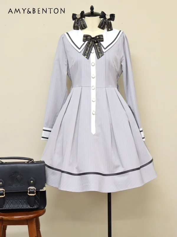 Preppy Style Cute Navy Collar Cute Bow Striped Dress for Women Japanese Sweet Girl Elegant Temperament Slim Mid-length Dresses
Preppy Style Cute Navy Collar Cute Bow Striped Dress for Women Japanese Sweet Girl Elegant Temperament Slim Mid-length Dresses