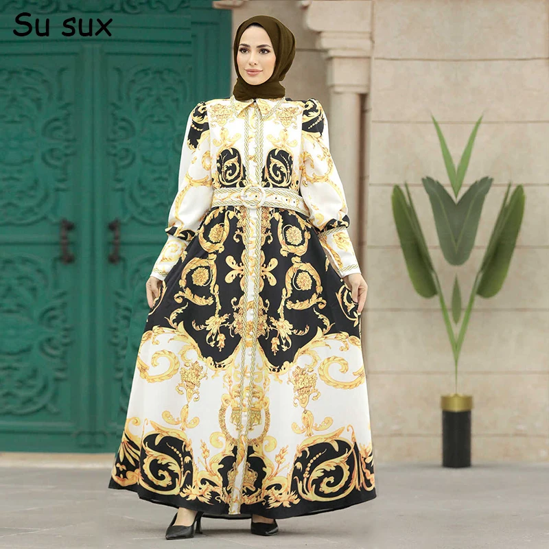 Vintage Print Maxi Dress Dubai Abayas Muslim Women Clothing Turn Down Collar Long Sleeve Big Swing Long Dresses Femme Musulman
Vintage Print Maxi Dress Dubai Abayas Muslim Women Clothing Turn Down Collar Long Sleeve Big Swing Long Dresses Femme Musulman