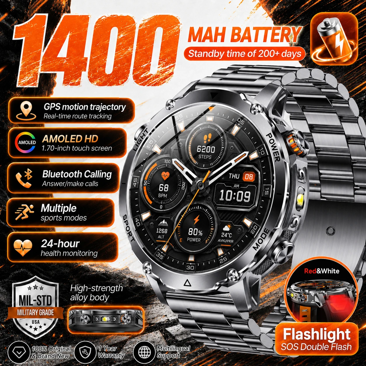 2026 Outdoor Military Men Smart Watch 1400mAh Battery 1.7" HD Display GPS Tracking BT Call Red White Flashlight 10ATM Smartwatch
2026 Outdoor Military Men Smart Watch 1400mAh Battery 1.7" HD Display GPS Tracking BT Call Red White Flashlight 10ATM Smartwatch
