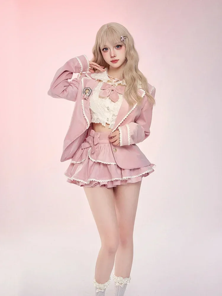 Winter Pink Kawaii Lolita 3 Piece Set Women Bow Sweet Coat+cute Blouse+designer Skirt Female Korean Fashion Designer Suit 2025
Winter Pink Kawaii Lolita 3 Piece Set Women Bow Sweet Coat+cute Blouse+designer Skirt Female Korean Fashion Designer Suit 2025
