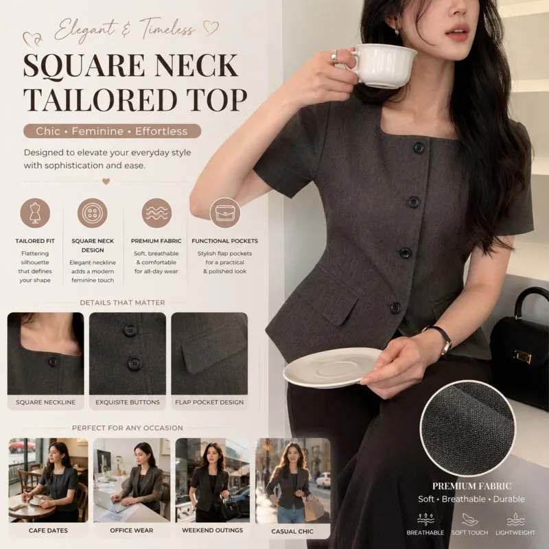 Vintage Grey T-shirt Korean Style Square Neck Waist Cinching Short Sleeve Blouse Office Commute Casual Daily Wear For Women New
Vintage Grey T-shirt Korean Style Square Neck Waist Cinching Short Sleeve Blouse Office Commute Casual Daily Wear For Women New