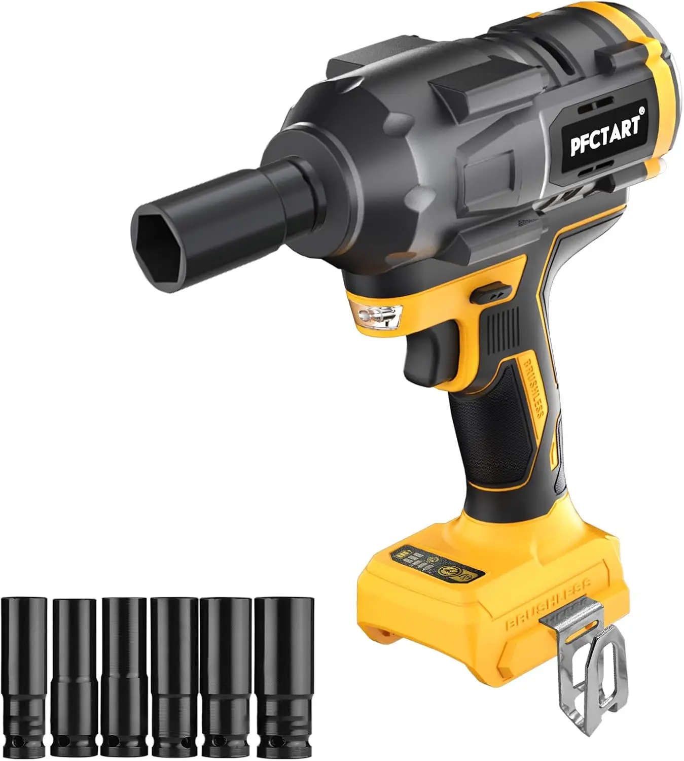 20V Cordless Impact Wrench with 3300 RPM, 1250N.m Torque, Brushless Motor, and 6 Sockets for Tire Lug Nuts
20V Cordless Impact Wrench with 3300 RPM, 1250N.m Torque, Brushless Motor, and 6 Sockets for Tire Lug Nuts
