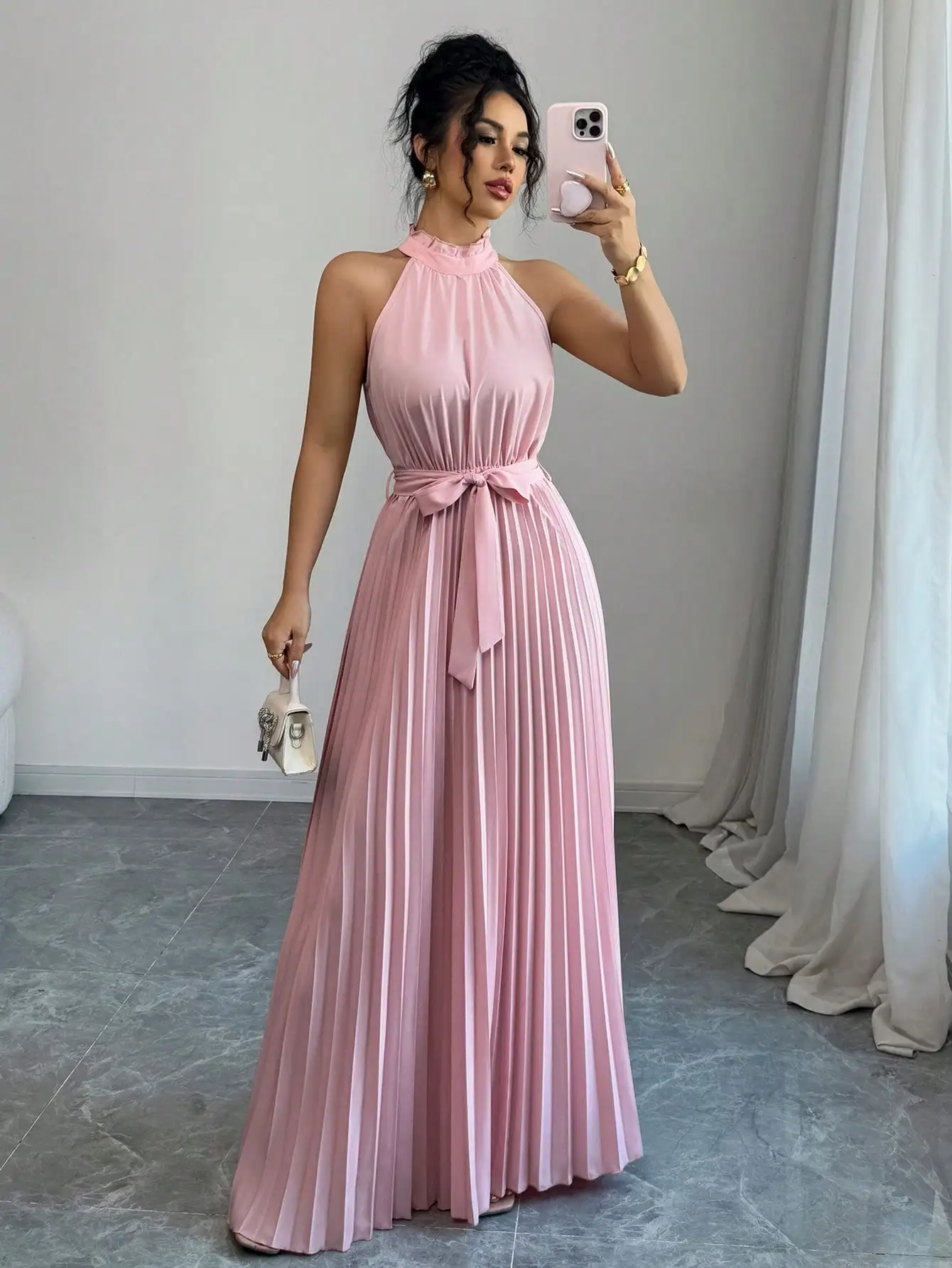 Pink Halter Neck Pleated A-Line Maxi Dress with Ruffle Collar and Waist Tie
Pink Halter Neck Pleated A-Line Maxi Dress with Ruffle Collar and Waist Tie