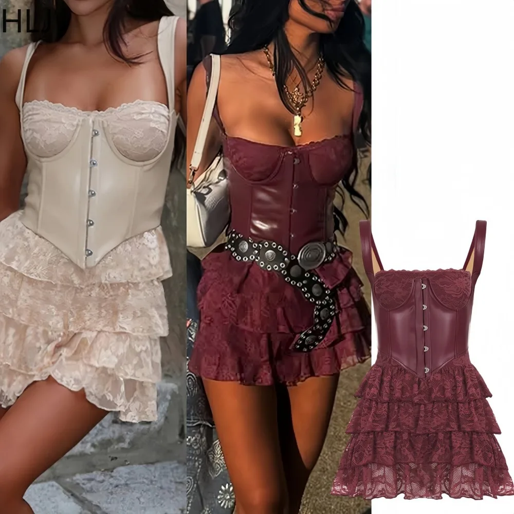 FAGADOER Sexy Lace Leather Patchwork Woman 2 Piece Set Outfit Spaghetti Strap Backless Crop Top and Bodycon Dresses Streetwear
FAGADOER Sexy Lace Leather Patchwork Woman 2 Piece Set Outfit Spaghetti Strap Backless Crop Top and Bodycon Dresses Streetwear