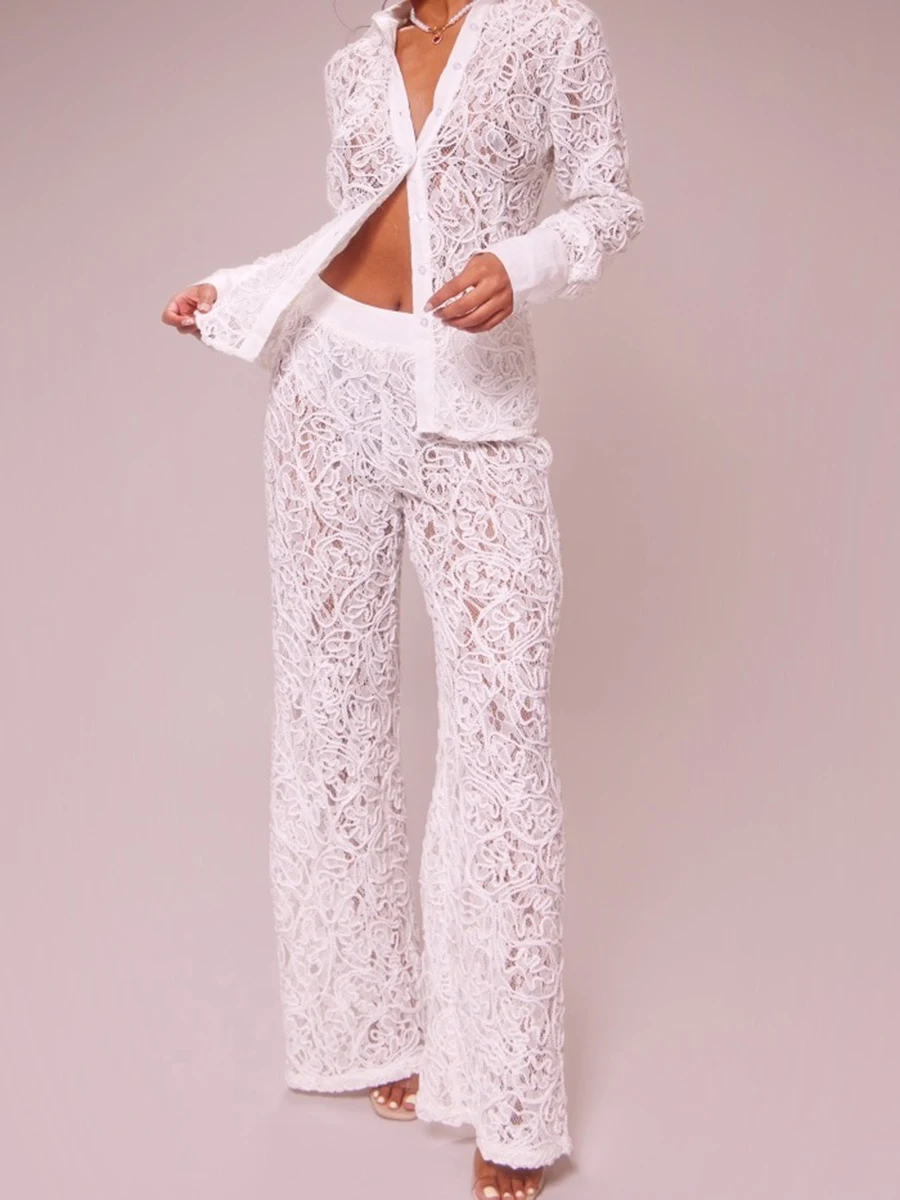 Lace Jacquard Transparent 2 Piece Set Women Single Breasted Long Sleeve Blouse+trouser Suits Summer Sexy Elegant Slim Pants Sets
Lace Jacquard Transparent 2 Piece Set Women Single Breasted Long Sleeve Blouse+trouser Suits Summer Sexy Elegant Slim Pants Sets