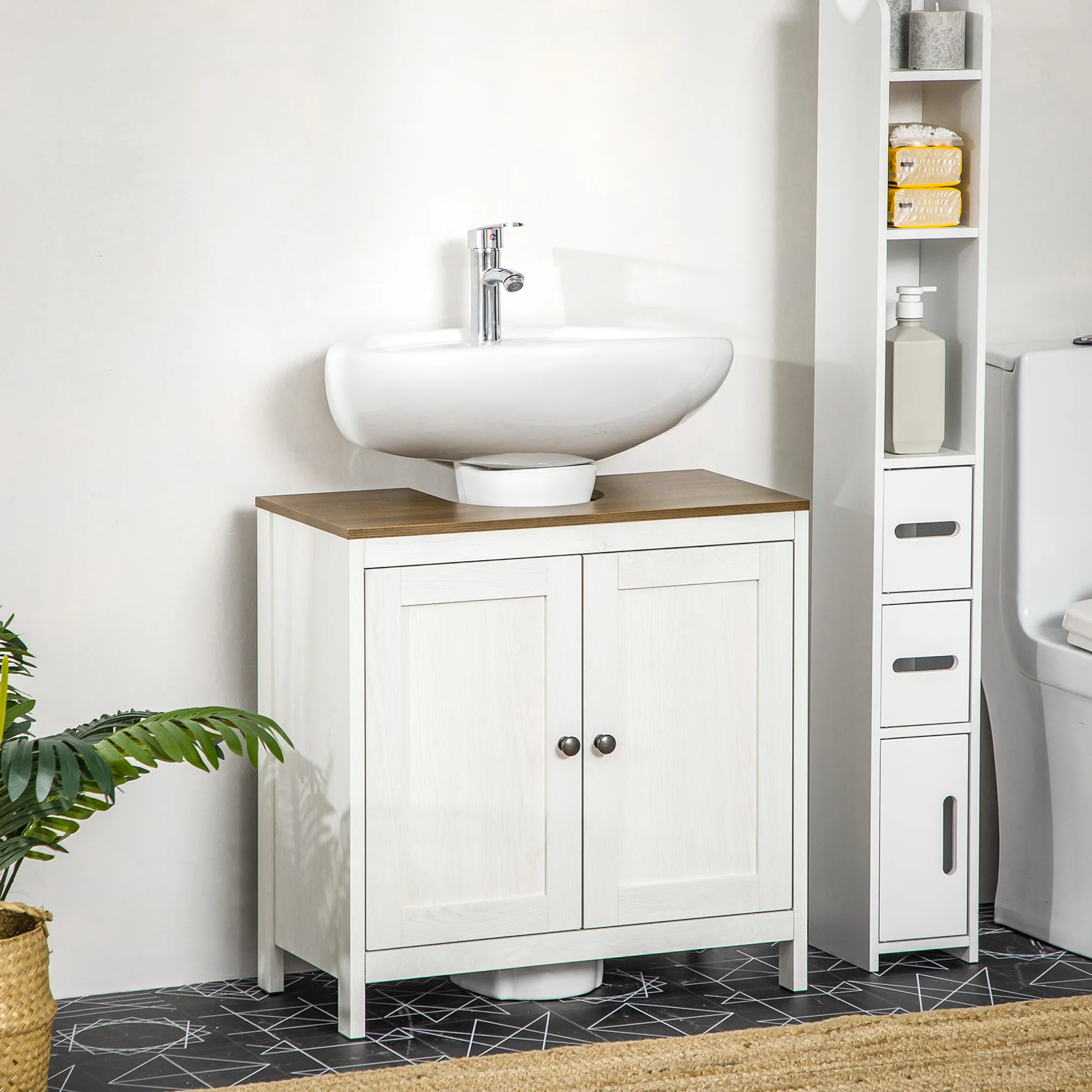 Antique White and Walnut U Shaped Under Sink Bathroom Storage Cabinet 23 5 Inch Wide with 2 Drawers and Adjustable Shelf
Antique White and Walnut U Shaped Under Sink Bathroom Storage Cabinet 23 5 Inch Wide with 2 Drawers and Adjustable Shelf