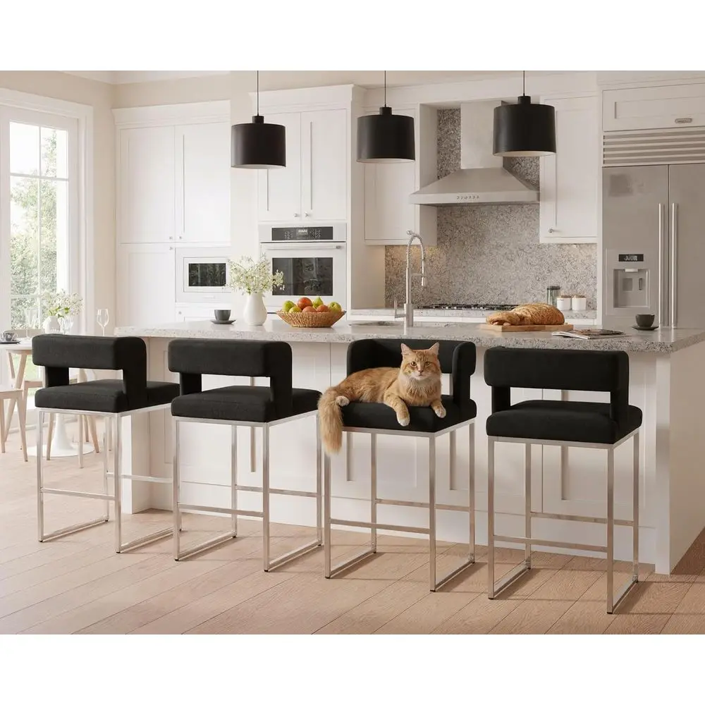 Set of 4 Black Counter Height Bar Stools with Open Back and Chrome Metal Frame, Square Upholstered Seats for Kitchen Counter or
Set of 4 Black Counter Height Bar Stools with Open Back and Chrome Metal Frame, Square Upholstered Seats for Kitchen Counter or