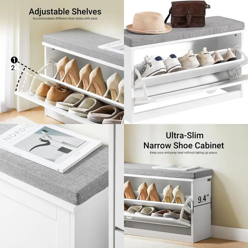 Modern White Shoe Storage Bench with Cushion & Flip Drawer for Small Spaces
Modern White Shoe Storage Bench with Cushion & Flip Drawer for Small Spaces