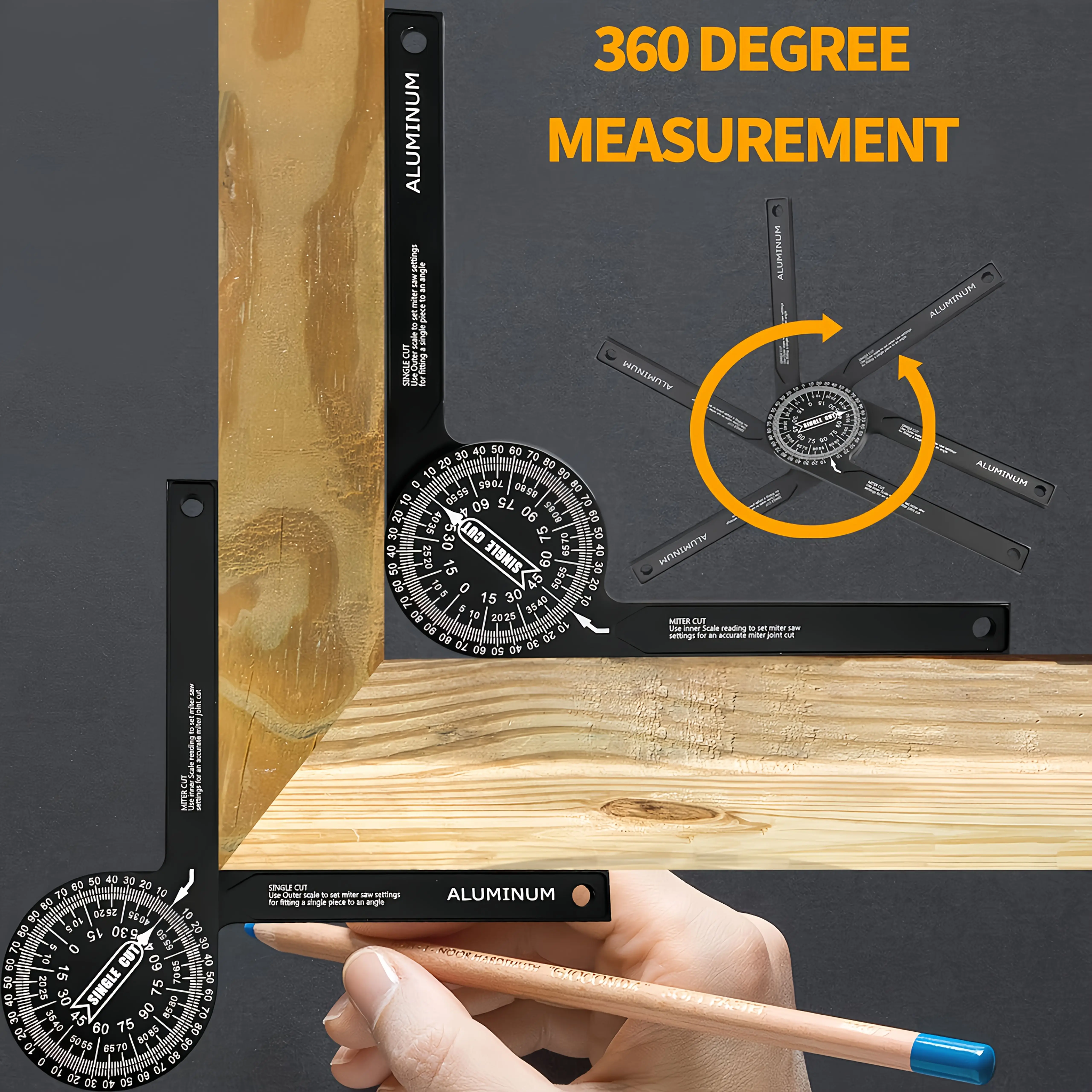 360 Degrees Precision Aluminum Alloy Angle Finder, Horizontal Gauge for Miter Saw & Trimming Applications W/ Easy-to-Read Scales
360 Degrees Precision Aluminum Alloy Angle Finder, Horizontal Gauge for Miter Saw & Trimming Applications W/ Easy-to-Read Scales