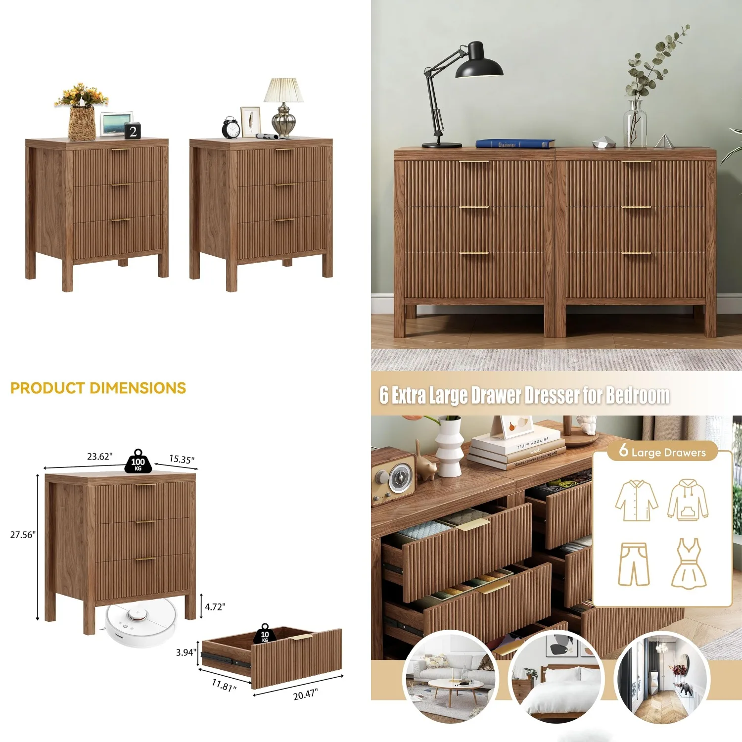 Fluted 6-Drawer Wooden Nightstand Set Tall Boho End Table for Bedroom Living Room Walnut,Customized
Fluted 6-Drawer Wooden Nightstand Set Tall Boho End Table for Bedroom Living Room Walnut,Customized