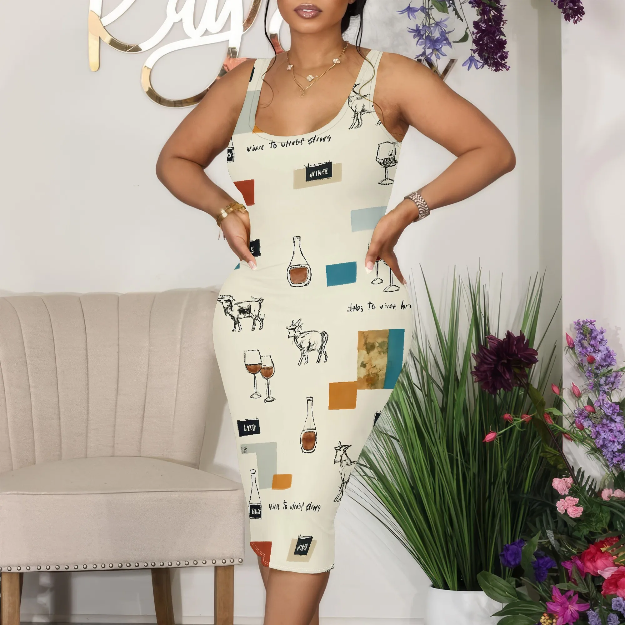 Wine Print Bodycon Midi Dress for Women S-3XL Sleeveless Round Neck Summer Casual Dress with Artistic Graphic Design
Wine Print Bodycon Midi Dress for Women S-3XL Sleeveless Round Neck Summer Casual Dress with Artistic Graphic Design