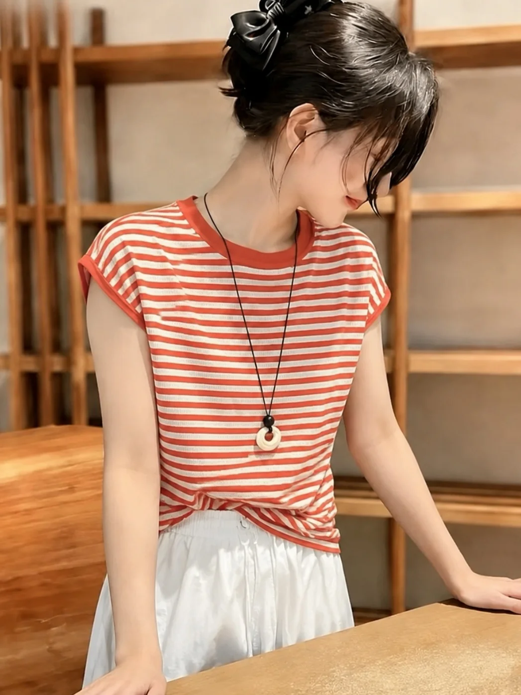 Korean Style Striped Short Sleeve T-Shirt Color Block Versatile Cute Summer Top Soft Comfortable round Neck Casual Fashion
Korean Style Striped Short Sleeve T-Shirt Color Block Versatile Cute Summer Top Soft Comfortable round Neck Casual Fashion