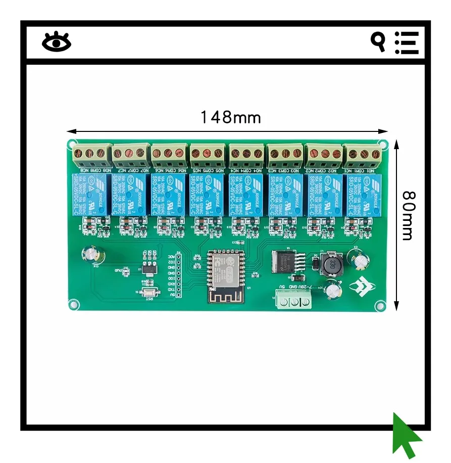Плата для вторичной разработки модуля реле ESP8266WIFI с восемью каналами, модель ESP-12F, питание 5В/7-28В.
Плата для вторичной разработки модуля реле ESP8266WIFI с восемью каналами, модель ESP-12F, питание 5В/7-28В.