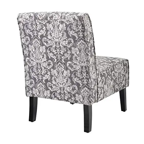 Upholstered Accent Chair In Gray Damask Print With Dark Wood Legs
Upholstered Accent Chair In Gray Damask Print With Dark Wood Legs