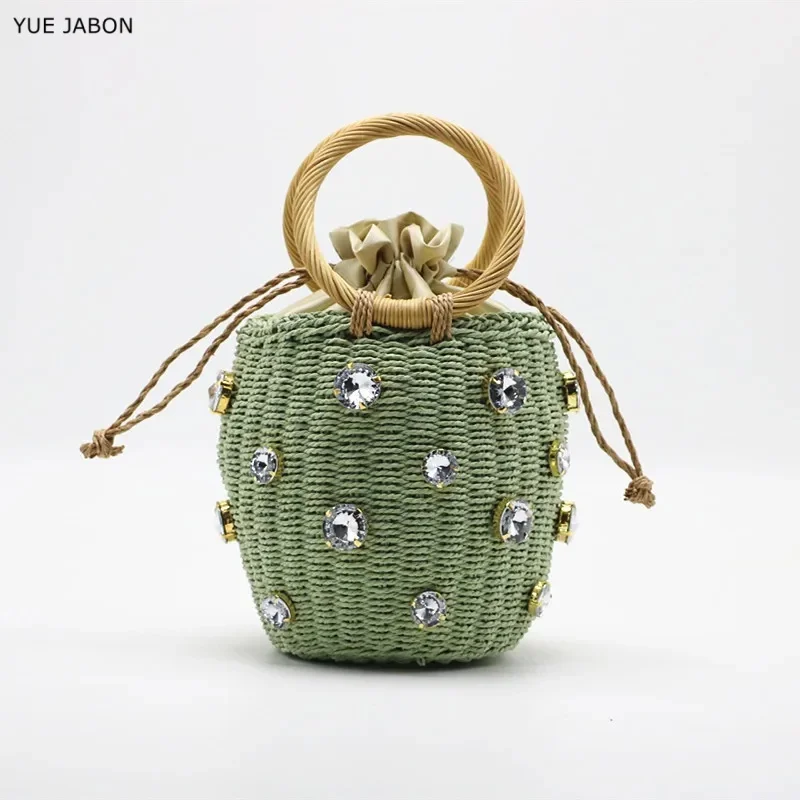 New Green Summer Rhinestone Crystal Embellished Straw Bag Straw Bucket Bags Lady Travel Purses Handbags Beads Beach Bag
New Green Summer Rhinestone Crystal Embellished Straw Bag Straw Bucket Bags Lady Travel Purses Handbags Beads Beach Bag