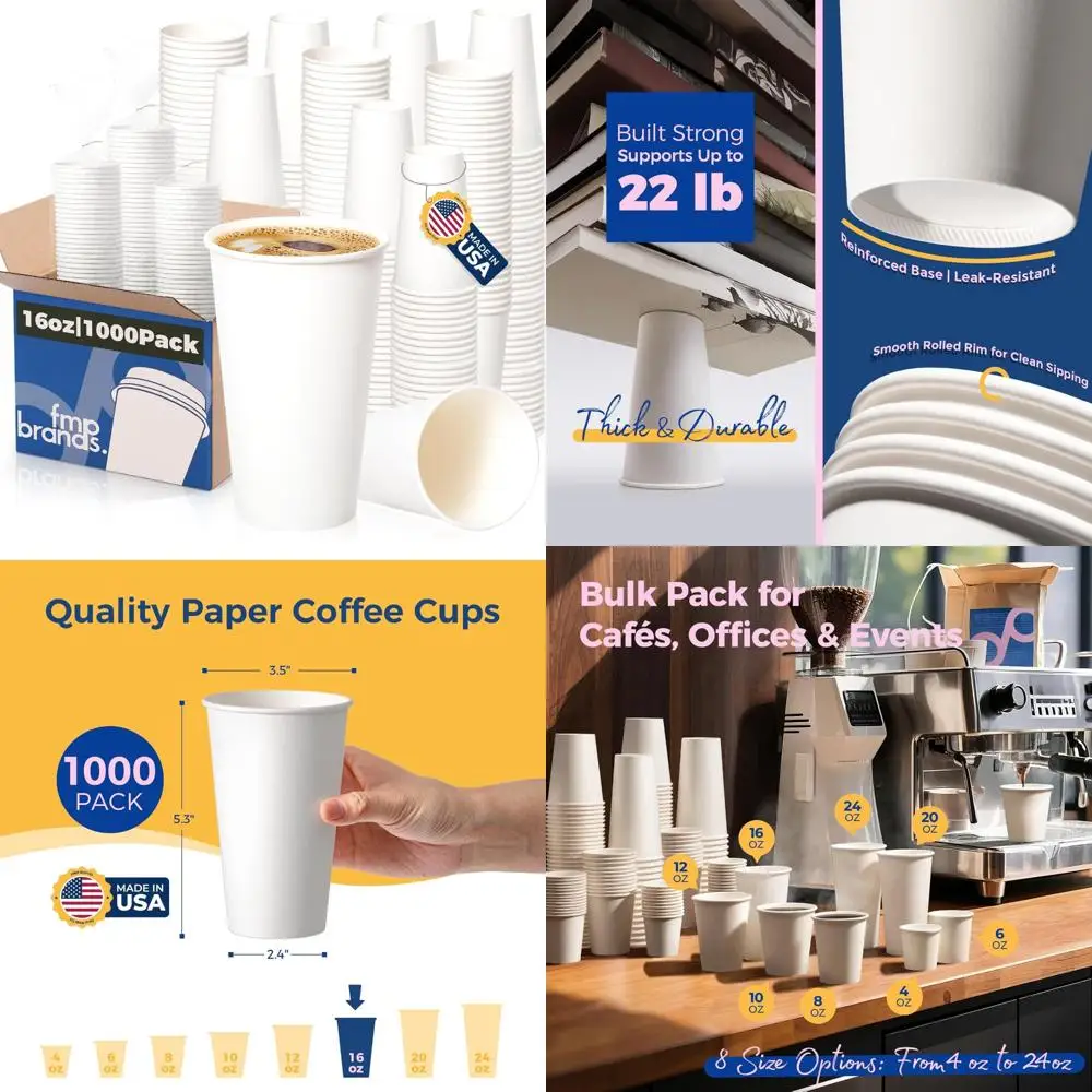 Disposable Paper Cups 16 oz, Premium White for Hot/Cold Beverages, Thickened Paper, 1000 Pack, Meal Prep Friendly
Disposable Paper Cups 16 oz, Premium White for Hot/Cold Beverages, Thickened Paper, 1000 Pack, Meal Prep Friendly