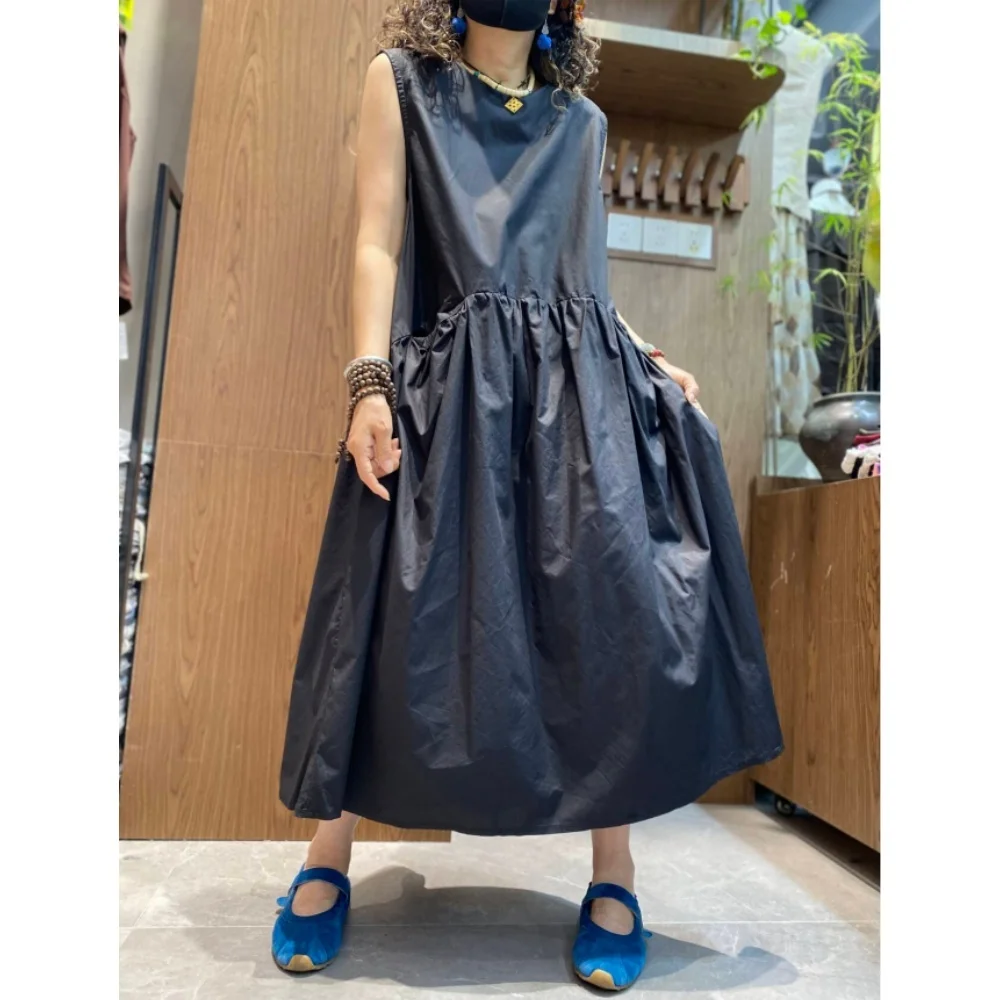 Minimalist Style Pleated Sleeveless Dress Women Black Waist-cinching Casual Long Dress Black XY335
Minimalist Style Pleated Sleeveless Dress Women Black Waist-cinching Casual Long Dress Black XY335