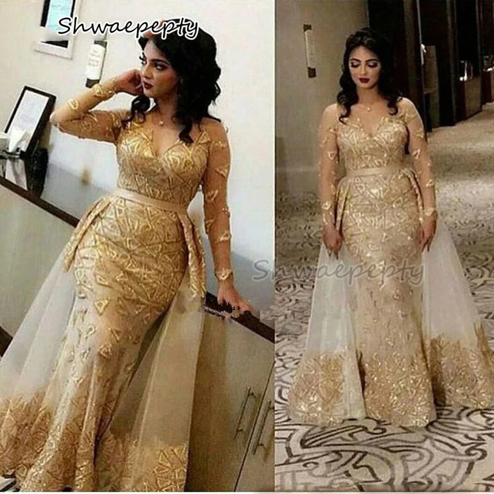 Elegant Arabic Dubai Gold Evening Dress With Detachable Skirt Lace Long Sleeves Floor Length Prom Gown Customzied
Elegant Arabic Dubai Gold Evening Dress With Detachable Skirt Lace Long Sleeves Floor Length Prom Gown Customzied