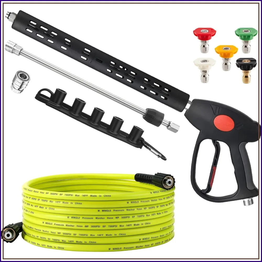 25 FT Pressure Washer Hose and Gun Kit with 5 Nozzle Tips, M22-14mm Fitting, Replacement for Ryobi Simpson Craftsman
25 FT Pressure Washer Hose and Gun Kit with 5 Nozzle Tips, M22-14mm Fitting, Replacement for Ryobi Simpson Craftsman