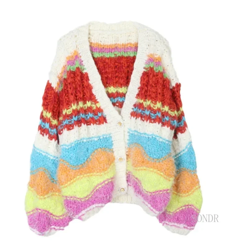 Rainbow Retro Knitted Cardigan Contrasting Color V-neck Autumn Winter Cardigan Loose Temperament Fashion Sweater Jacket Jerséis
Rainbow Retro Knitted Cardigan Contrasting Color V-neck Autumn Winter Cardigan Loose Temperament Fashion Sweater Jacket Jerséis