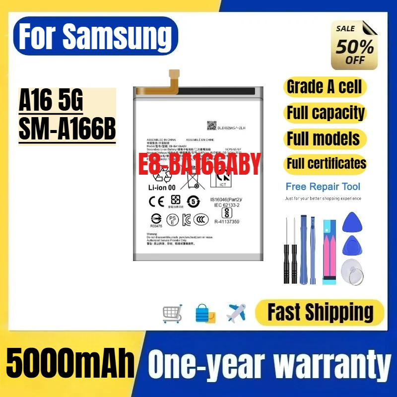 E8-BA166ABY for Samsung A16 5G/SM-A166B Phone Battery High Quality High Capacity Replacement Bateria Grade A Cell with Tools
E8-BA166ABY for Samsung A16 5G/SM-A166B Phone Battery High Quality High Capacity Replacement Bateria Grade A Cell with Tools