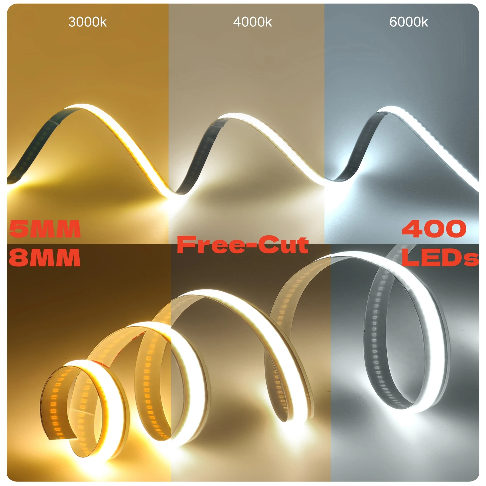 5MM 8MM Free-Cut COB LED Strip Light 400LEDs/m High Density Flexible Tape Ribbon 3000K-6500K RA90 Dimmable Lighting DC12V 24V 
5MM 8MM Free-Cut COB LED Strip Light 400LEDs/m High Density Flexible Tape Ribbon 3000K-6500K RA90 Dimmable Lighting DC12V 24V