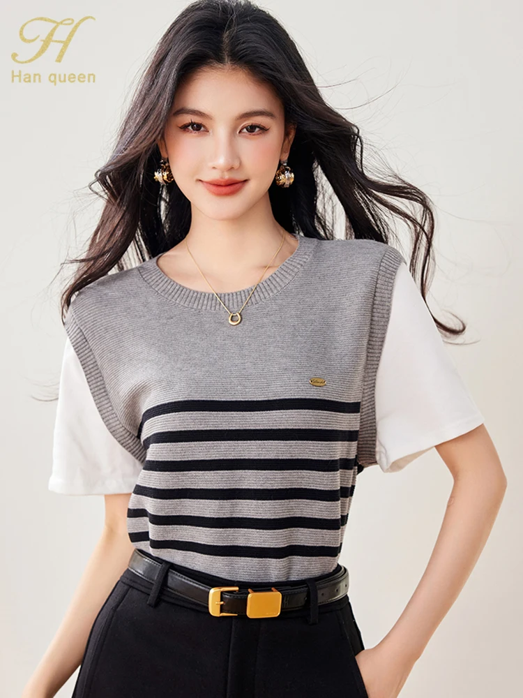 H Han Queen Summer Patchwork O-Neck Office Tee Fashion Woman Clothing Korean Striped Knit Crop Top Women Vintage Casual T-Shirts
H Han Queen Summer Patchwork O-Neck Office Tee Fashion Woman Clothing Korean Striped Knit Crop Top Women Vintage Casual T-Shirts
