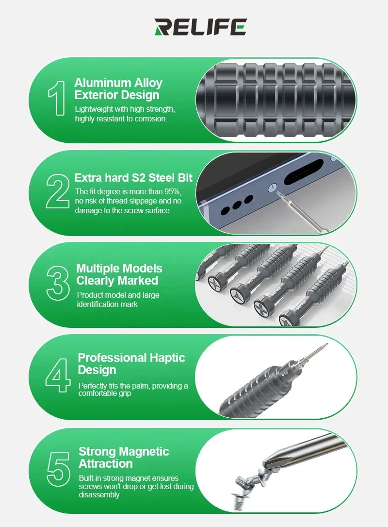 RELIFE RL-730 Steel Cannon King Classic Series Screwdriver Y0.6/0.8/+1.5/+2.5/T1/IP17 For Phone Disassembly Repair Screwdriver
RELIFE RL-730 Steel Cannon King Classic Series Screwdriver Y0.6/0.8/+1.5/+2.5/T1/IP17 For Phone Disassembly Repair Screwdriver