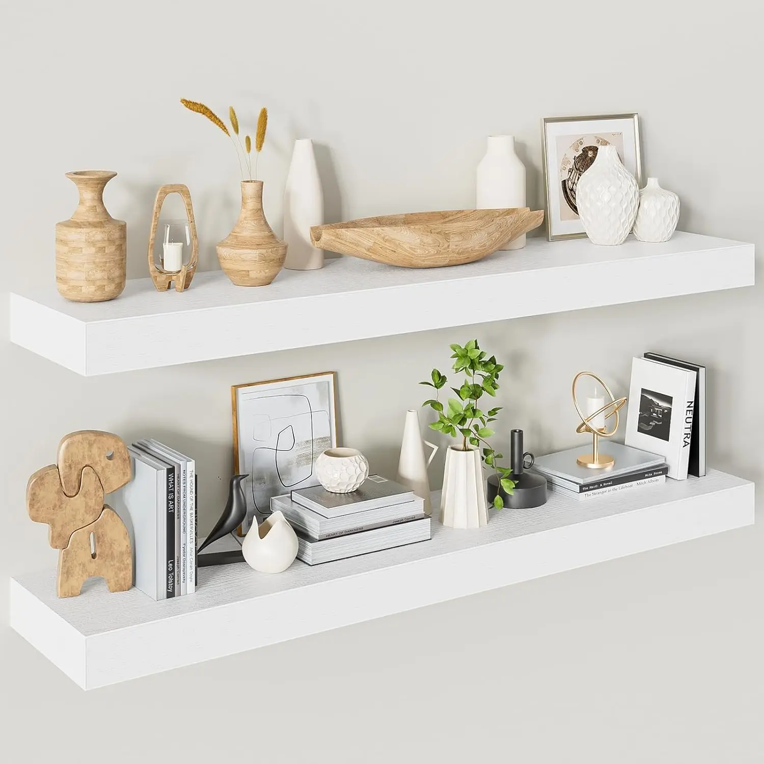40" White Floating Shelves Set of 2, 9.3" Deep, Heavy Duty Up to 55 lbs, Wall Mounted for Living Room Bedroom Kitchen
40" White Floating Shelves Set of 2, 9.3" Deep, Heavy Duty Up to 55 lbs, Wall Mounted for Living Room Bedroom Kitchen